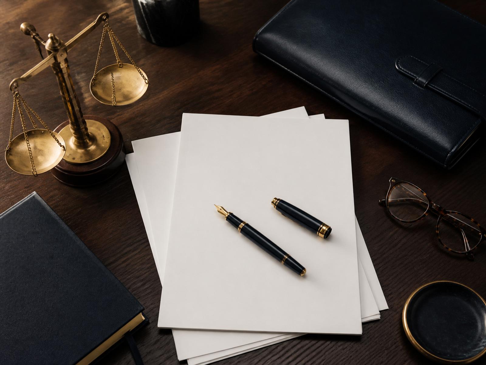 Legal documents, fountain pen, and brass scale on a walnut desk